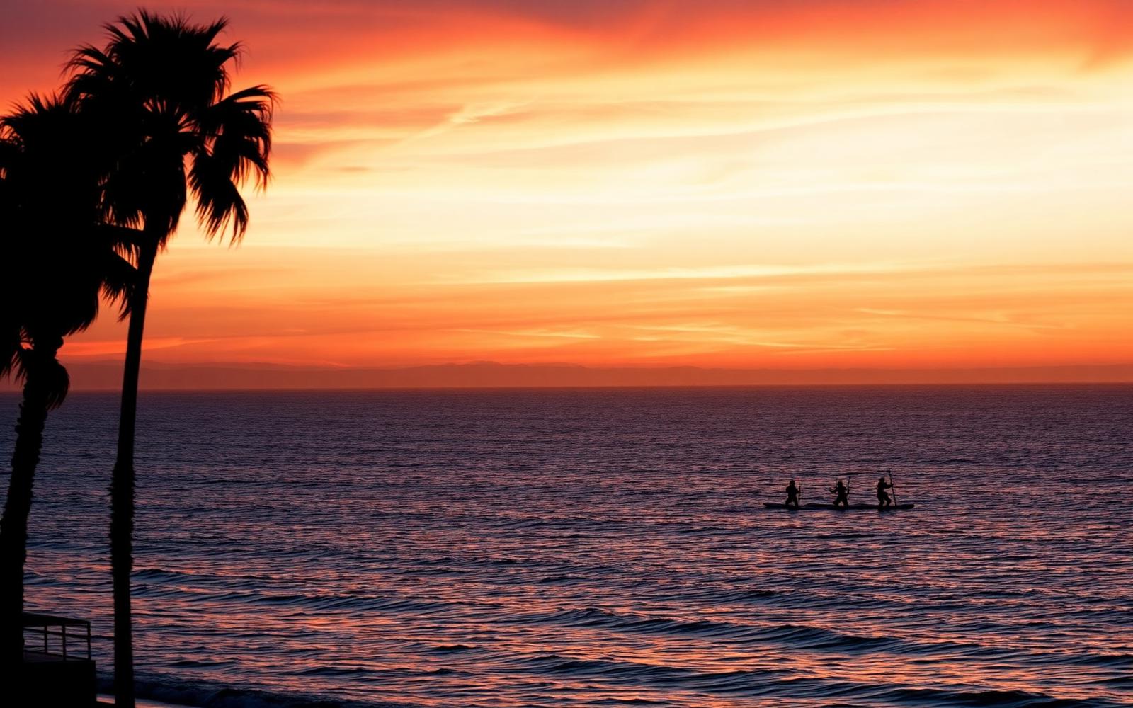 Women paddleboarding together at sunset
